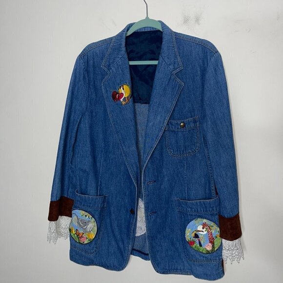 Lee Set Vintage Womens Blazer Size Large Upcycled Denim Patch Embroidered Lace - Picture 15 of 16